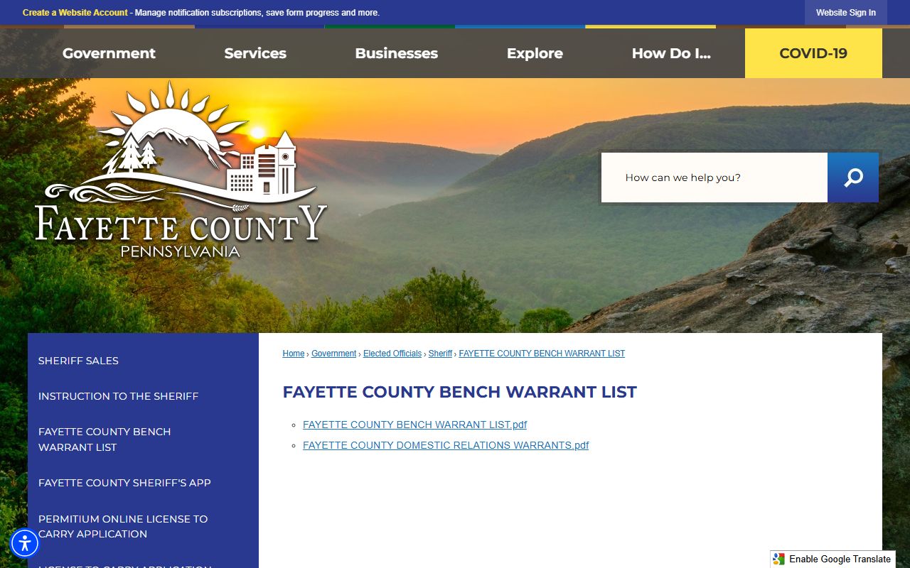 Fayette County bench warrant page for jail and court record searches