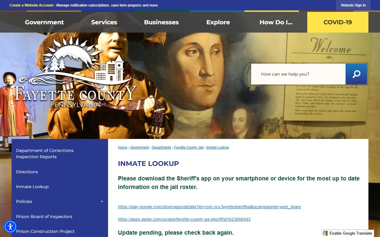 Fayette County inmate lookup page for jail roster search