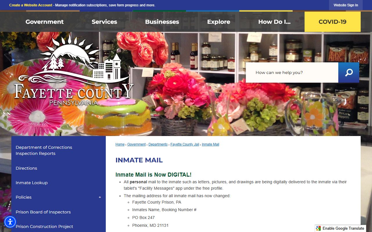 Fayette County Jail inmate mail and booking number record instructions