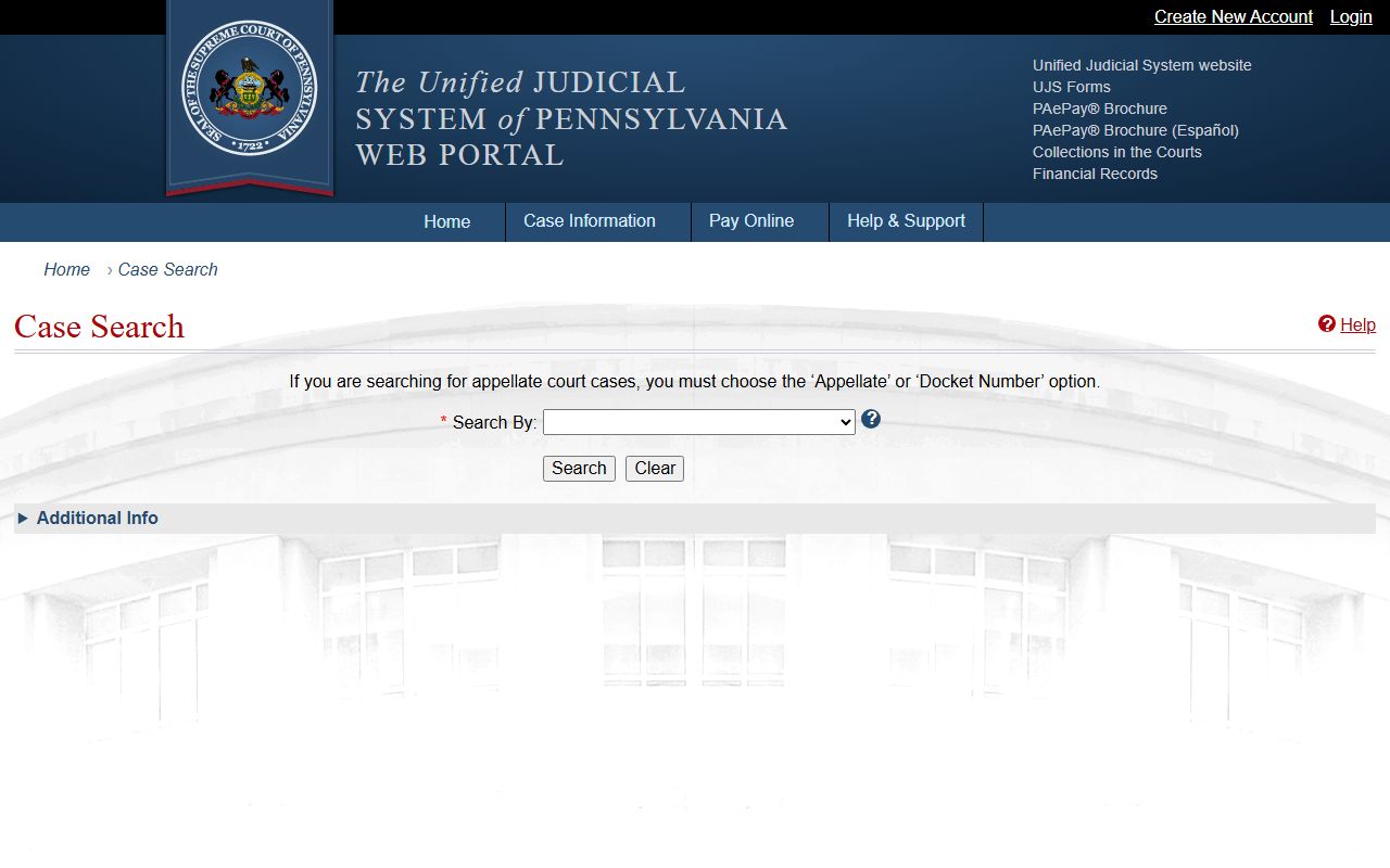 Pennsylvania UJS Case Search for Fayette County court records after arrest